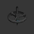 Futuristic Metallic Weapon Featuring Circular Ring Grid Details Central Cylinder And Blue Energy Thruster
