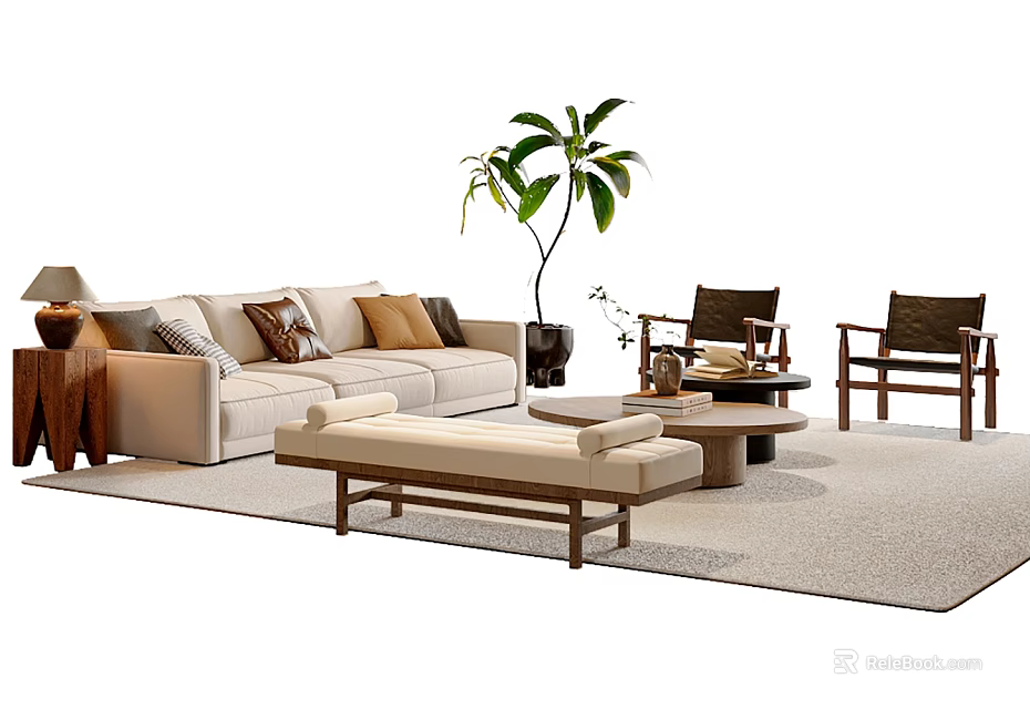 Modern Sofa Coffee Table Set With Soft Pillows Area Rug And Green Plant 3d model 