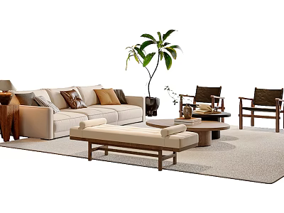 Modern Sofa Coffee Table Set With Soft Pillows Area Rug And Green Plant 3d model