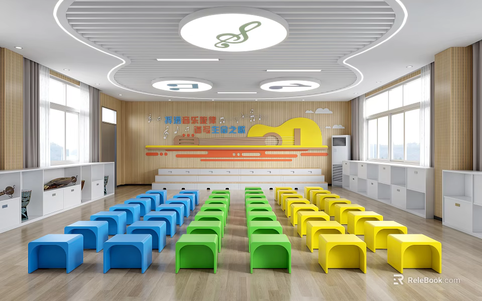 School Music Classroom With Colorful Stools Musical Notes And Bright Space 3d model 