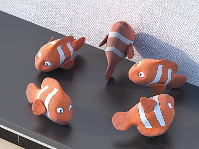 Cute Orange Clownfish Plush Toys With White Stripes On Black Table Surface 3d model