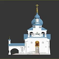 Traditional Russian Church Building With White Exterior Blue Domes Golden Crosses Bell Tower And Mural