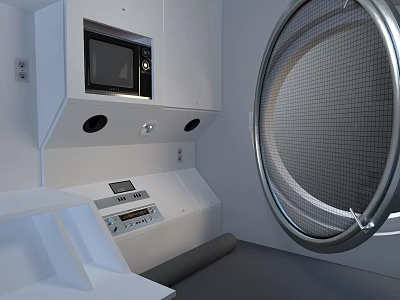 Cartoon Scene of White Room With Built-in Microwave Cabinets Circular Metal Mesh And Control Panel 3d model