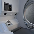 Cartoon Scene of White Room With Built-in Microwave Cabinets Circular Metal Mesh And Control Panel