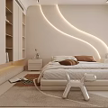 Modern Beige Bedroom Interior Design With Curved Lighting Platform Bed And Nightstands