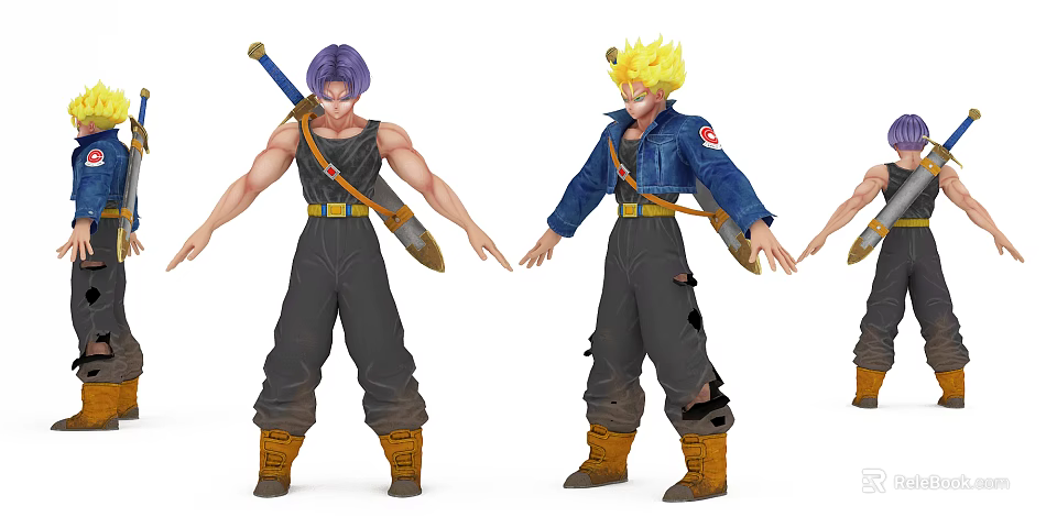 Game and Movie Characters with Purple Yellow Hairstyles Blue Jacket Black Outfit and Swords 3d model 