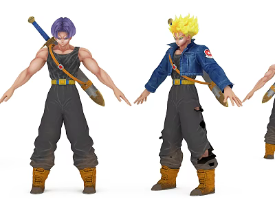 Game and Movie Characters with Purple Yellow Hairstyles Blue Jacket Black Outfit and Swords 3d model