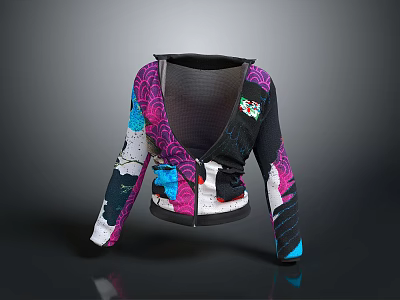 Unique Colorful Cropped Jacket with Mesh Panel and Patchwork Printed Sleeves 3d model