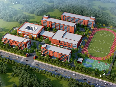 Scenic Red Brick School Campus Architecture With Classroom Buildings Sports Field And Greenery 3d model