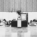 Modern Hotel Public Lounge Area With Beige Sofa Gray Blue Cushions Green Plants Large Windows
