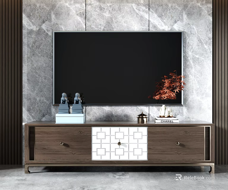 Modern TV Stand With Wooden Frame White Panel Drawers And Decorative Ornaments On Marble Wall 3d model 