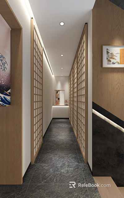 Elegant Modern Hotel Corridor With Wooden Lattice Panels Warm Lighting Dark Floor And Decorative Paintings 3d model 