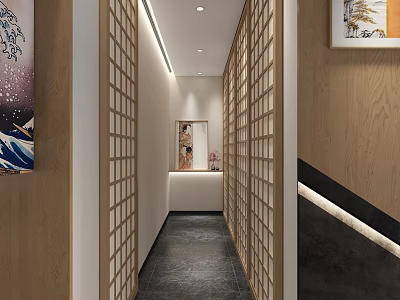 Elegant Modern Hotel Corridor With Wooden Lattice Panels Warm Lighting Dark Floor And Decorative Paintings 3d model