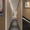 Elegant Modern Hotel Corridor With Wooden Lattice Panels Warm Lighting Dark Floor And Decorative Paintings