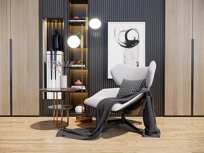 Elegant Accent Chair With Plaid Pillow Gray Blanket Side Table And Abstract Painting 3d model