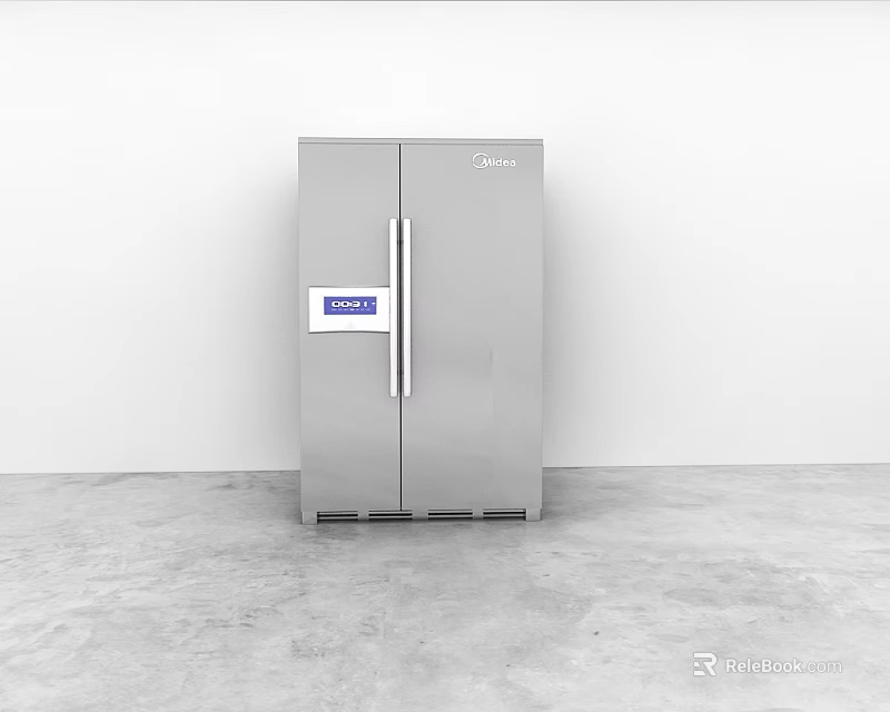 Midea Silver Double Door Refrigerator Freezer With Blue Display Modern Sleek Design 3d model