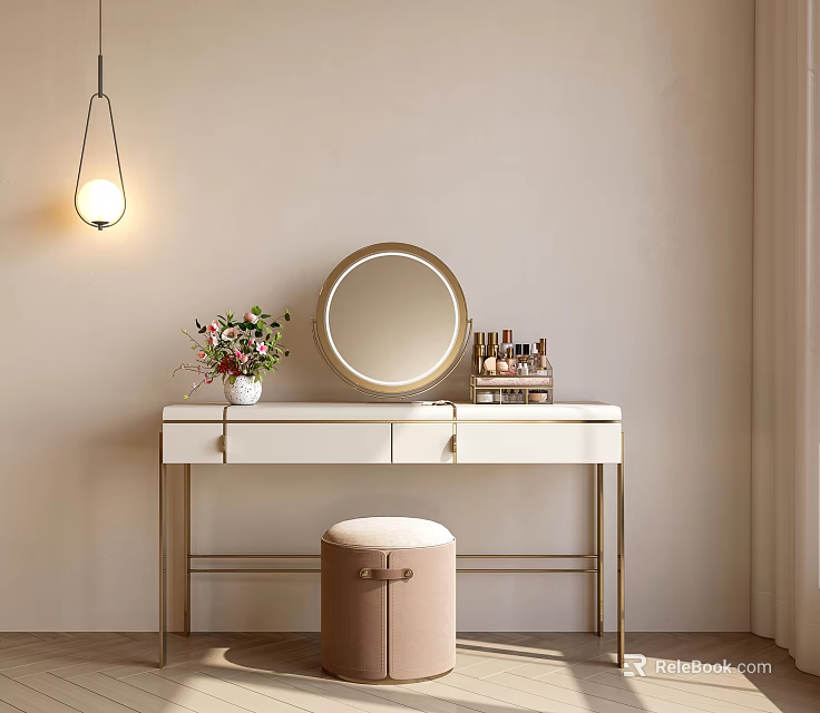 Modern Vanity Table with White Countertop Gold Frame Round Mirror Cosmetics Flower Vase Pink Stool 3d model 