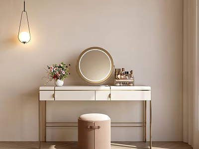 Modern Vanity Table with White Countertop Gold Frame Round Mirror Cosmetics Flower Vase Pink Stool 3d model