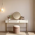 Modern Vanity Table with White Countertop Gold Frame Round Mirror Cosmetics Flower Vase Pink Stool