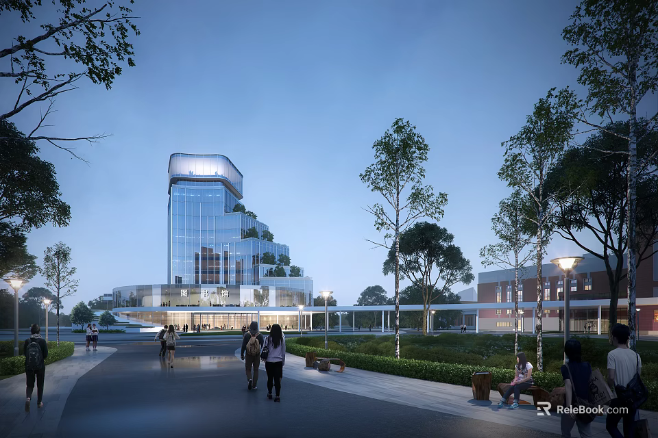 Contemporary Library Building With Glass Facade Greenery And Pedestrian Walkway 3d model 
