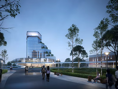 Contemporary Library Building With Glass Facade Greenery And Pedestrian Walkway 3d model