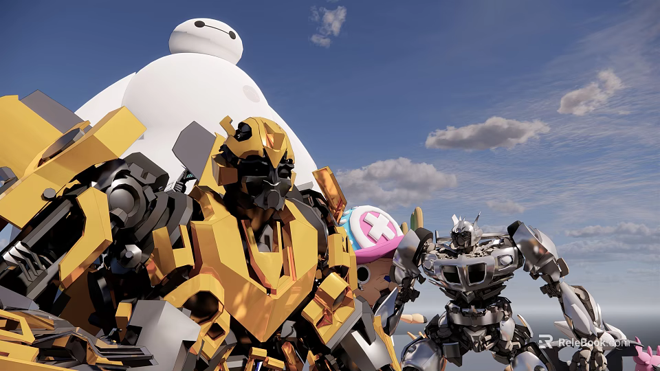 Group of Smart Machines Including Yellow And White Metallic Robots Against Blue Sky With Clouds 3d model 