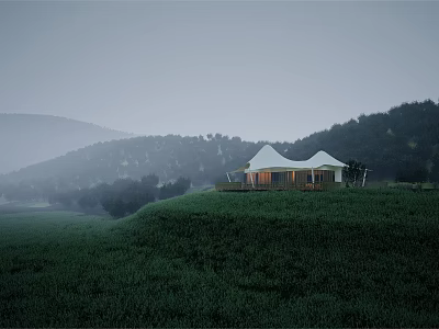 White tent like building on hilltop in misty green meadow with distant mountains 3d model