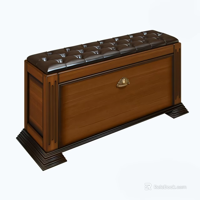 Wooden Storage Bench With Black Tufted Upholstered Top And Brass Lock On Solid Wood Base 3d model 