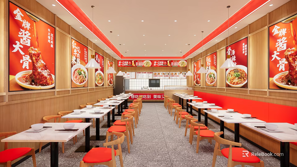 Shopping Mall Restaurant Interior With Red Chairs Neat Dining Tables Wooden Walls And Menu Posters 3d model 