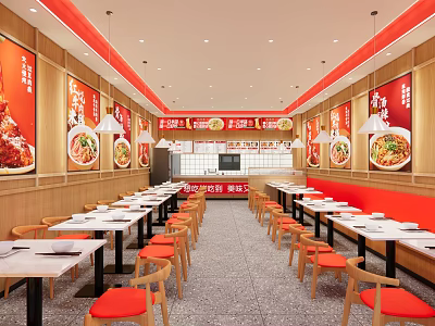 Shopping Mall Restaurant Interior With Red Chairs Neat Dining Tables Wooden Walls And Menu Posters 3d model