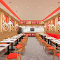 Shopping Mall Restaurant Interior With Red Chairs Neat Dining Tables Wooden Walls And Menu Posters