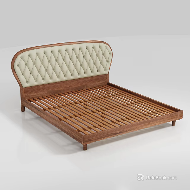 Double Bed With Light Upholstered Diamond Tufted Headboard And Dark Wooden Frame 3d model 