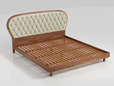 Double Bed With Light Upholstered Diamond Tufted Headboard And Dark Wooden Frame 3d model