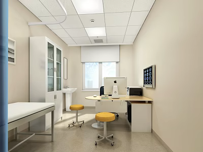 Medical Examination Room Interior With Exam Table Yellow Stools Computer And White Cabinets 3d model