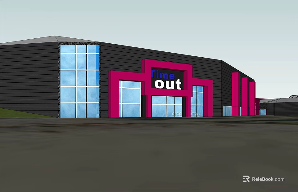 Modern Building Facade With Out Sign Black Exterior Pink Accents And Glass Windows 3d model 