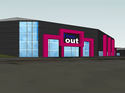 Modern Building Facade With Out Sign Black Exterior Pink Accents And Glass Windows 3d model