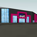 Modern Building Facade With Out Sign Black Exterior Pink Accents And Glass Windows