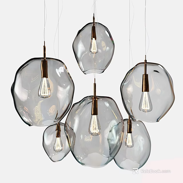 Modern Transparent Glass Chandeliers With Multiple Hanging Metal Bases And Exposed Bulbs 3d model 