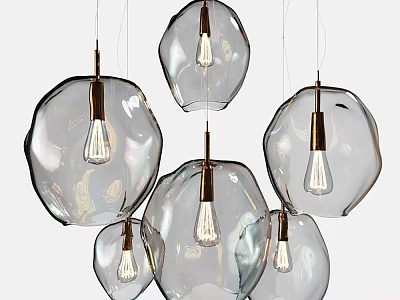 Modern Transparent Glass Chandeliers With Multiple Hanging Metal Bases And Exposed Bulbs 3d model