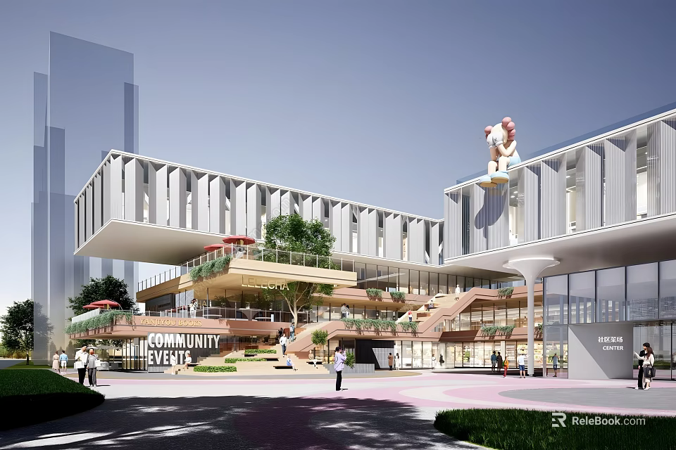 Modern Commercial Complex with Glass Facade Green Terraces Community Event Areas and Pedestrian Walkways 3d model 