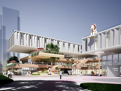 Modern Commercial Complex with Glass Facade Green Terraces Community Event Areas and Pedestrian Walkways 3d model