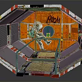 Cartoon Scene Octagonal Structure With Orange Wall Astronaut Kicking Green Cube BOOM Text Graffiti Style