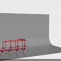 Industrial Piping System With Red Pipes And Blue Valves Mounted on Gray Supports