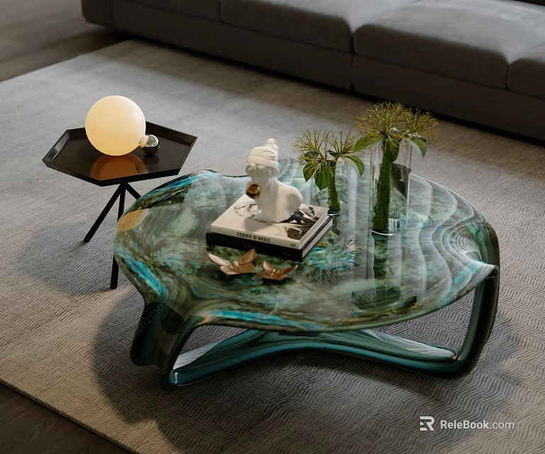 Unique Teal Glass Coffee Table Featuring White Statue Books Vase And Green Plants 3d model 