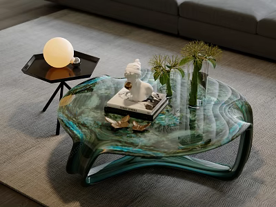 Unique Teal Glass Coffee Table Featuring White Statue Books Vase And Green Plants 3d model