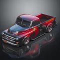 Classic Red And Black Pickup Truck With Flame Graphics On Dark Background