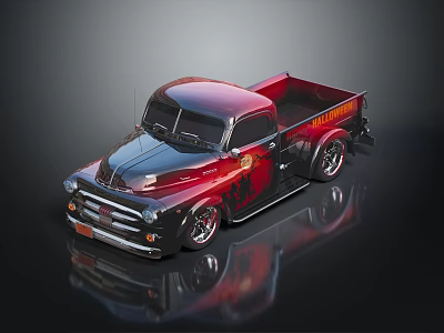 Classic Red And Black Pickup Truck With Flame Graphics On Dark Background 3d model