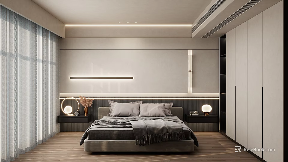 Modern Bedroom Interior With Gray Bed Linens Wooden Flooring Bedside Lamps And Wardrobe 3d model 
