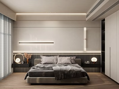 Modern Bedroom Interior With Gray Bed Linens Wooden Flooring Bedside Lamps And Wardrobe 3d model