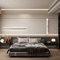 Modern Bedroom Interior With Gray Bed Linens Wooden Flooring Bedside Lamps And Wardrobe
